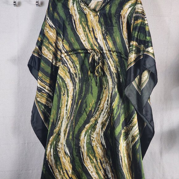 Bobbie Brooks Vtg Green Black Gold Abstract Stripe Cinch Waist Poly Kaftan OSFM - Picture 4 of 16